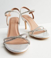 New Look Wide Fit Silver Diamante 2 Part Cross Strap Stiletto Heel Sandals